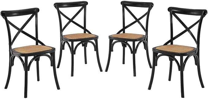 Modway Gear Rustic Modern Farmhouse Elm Wood Rattan Four Dining Chairs in Black - LeafyLoom