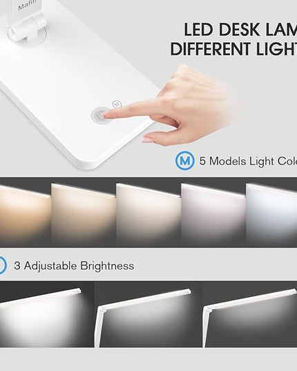mafiti LED Desk Lamp for Home Office,Touch Desk Light 5 Light Modes 3 Brightness,Foldable Table Lamp with Adjustable Arm,Eye-Caring Lamp with USB Port, Bedside Lamp for Working Reading Study,White - LeafyLoom