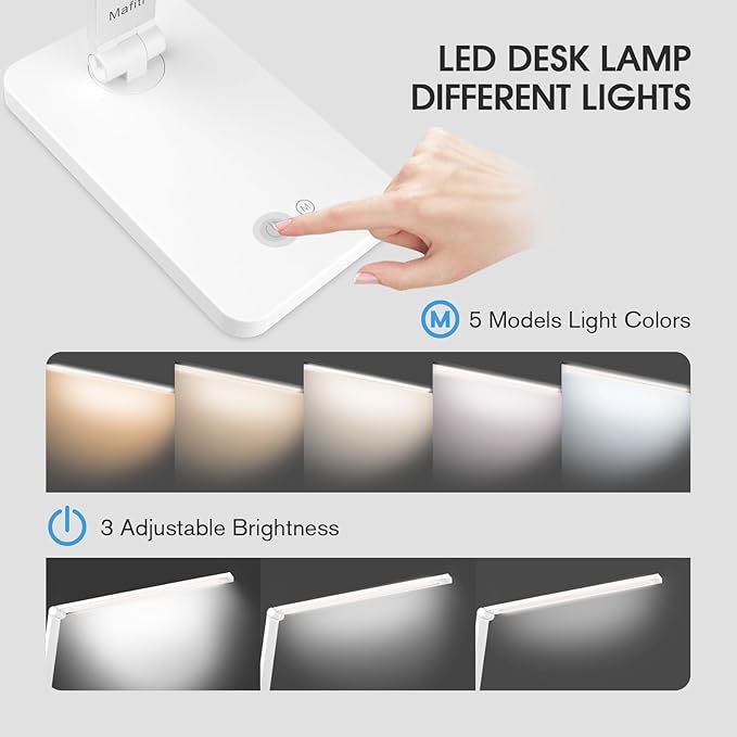 mafiti LED Desk Lamp for Home Office,Touch Desk Light 5 Light Modes 3 Brightness,Foldable Table Lamp with Adjustable Arm,Eye-Caring Lamp with USB Port, Bedside Lamp for Working Reading Study,White - LeafyLoom