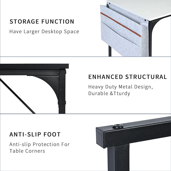 47 inch Study Storage Bag Space Saving for Home Office, Modern Simple Style PC Metal Frame Computer Desk, Writing Table, Black, White - LeafyLoom