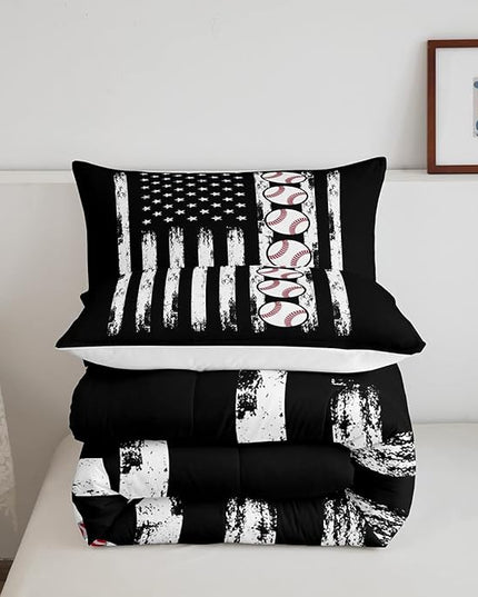 Feelyou Baseball Comforter American Flag Comforter Set Kids Boys Baseball Sports Games Bedding Set Children Girls Teens Black and White Ball Microfiber Quilt Set Room Decor for All Season Queen Size - LeafyLoom