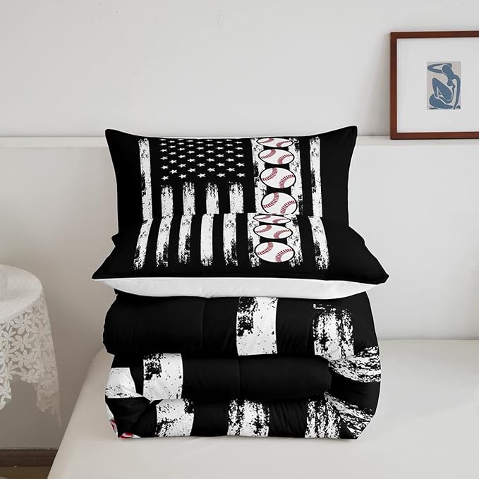 Feelyou Baseball Comforter American Flag Comforter Set Kids Boys Baseball Sports Games Bedding Set Children Girls Teens Black and White Ball Microfiber Quilt Set Room Decor for All Season Queen Size - LeafyLoom
