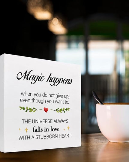 Inspirational Wood Sign,Magic Happens When You Do not Give Up Wood Block Sign Desk Decor,Motivational Sign Wooden Box Plaque Sign for Home College Office Shelf Table Decor Decorations - LeafyLoom
