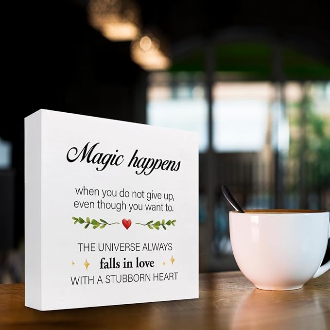 Inspirational Wood Sign,Magic Happens When You Do not Give Up Wood Block Sign Desk Decor,Motivational Sign Wooden Box Plaque Sign for Home College Office Shelf Table Decor Decorations - LeafyLoom