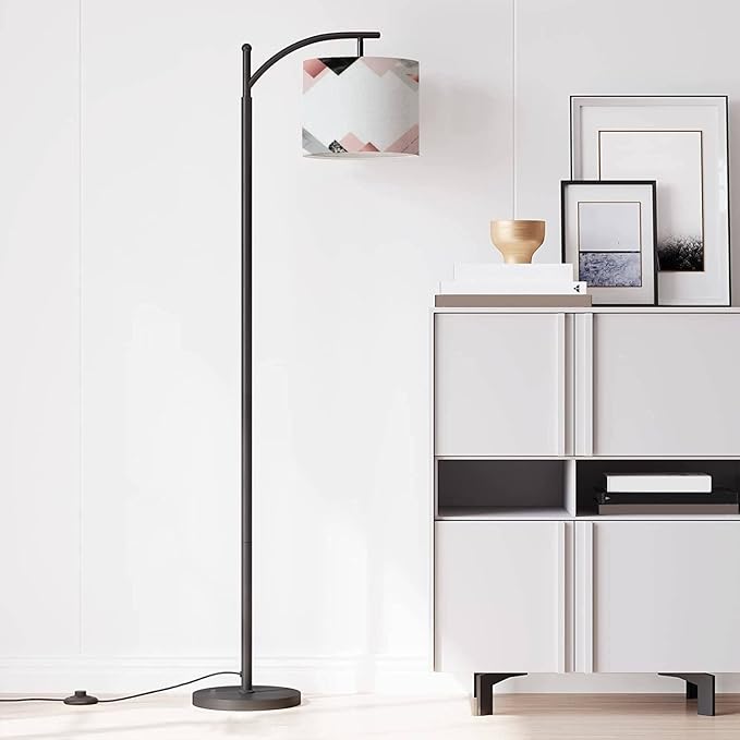 Modern Arc Floor Lamp with Dimmer Mid Century Marble Rose Trendy Minimalist Geometric Style Stone foil Glitter Metal Standing Lamp with Linen Shade Footswitch for Living Room Bedroom Office - LeafyLoom