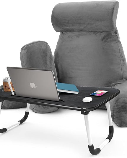 Nestl Reading Pillow with Portable Laptop Lap Desk, Velvet Feel Back Pillow for Sitting in Bed, Shredded Memory Foam Back Support Pillow for Bed, Bed Rest Pillow with Arms, Large - Gray - LeafyLoom