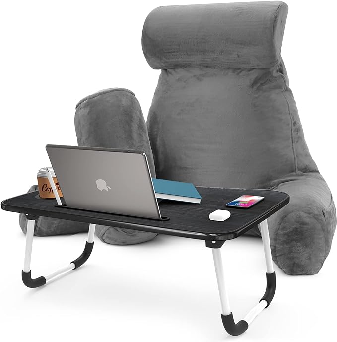 Nestl Reading Pillow with Portable Laptop Lap Desk, Velvet Feel Back Pillow for Sitting in Bed, Shredded Memory Foam Back Support Pillow for Bed, Bed Rest Pillow with Arms, Large - Gray - LeafyLoom