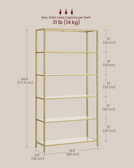 VASAGLE Bookcase, 6-Tier Bookshelf, Slim Shelving Unit for Bedroom, Bathroom, Home Office, Tempered Glass, Steel Frame, Metallic Gold ULGT503A01 - LeafyLoom
