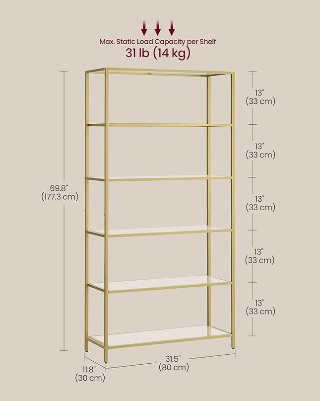 VASAGLE Bookcase, 6-Tier Bookshelf, Slim Shelving Unit for Bedroom, Bathroom, Home Office, Tempered Glass, Steel Frame, Metallic Gold ULGT503A01 - LeafyLoom