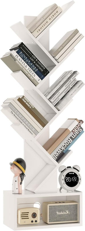 YMYNY 6 Tier Tree Bookshelf, Tall Bookcase, Wood Book Storage Rack with Drawer, Modern Floor Standing Book Shelf for Books/Movies/CDs, Utility Organizer for Living Room, Home Office, White UHBC016W - LeafyLoom
