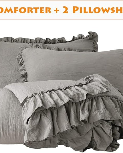 Grey Shabby Comforter Set Queen,Farmhouse Rustic Microfiber Bedding Ruffled Comforter Set,Vintage Gray Ruffle Comforter for Queen Bed Fluffy Aesthetic Bedding 3 Pieces - LeafyLoom