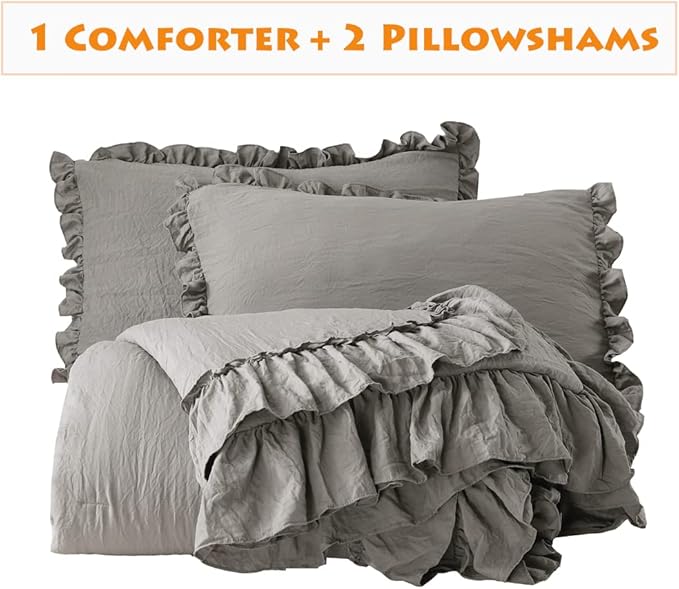 Grey Shabby Comforter Set Queen,Farmhouse Rustic Microfiber Bedding Ruffled Comforter Set,Vintage Gray Ruffle Comforter for Queen Bed Fluffy Aesthetic Bedding 3 Pieces - LeafyLoom