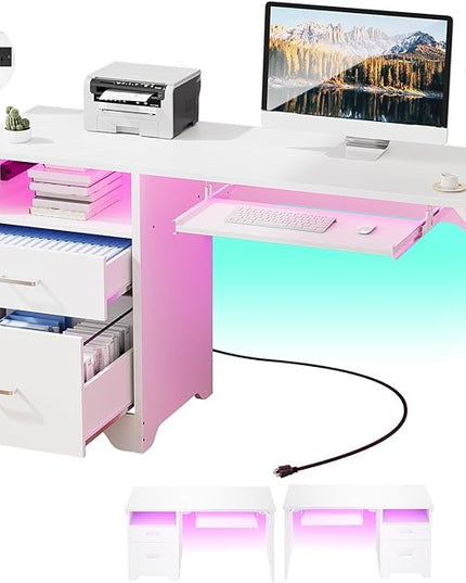 Reversible Computer Desk with File Drawers, 55 Inch Office Desk with RGB LED Light and Power Outlet, Sturdy Writing Desk with Keyboard Tray, Modern Study Table for Workstation Bedroom, White - LeafyLoom