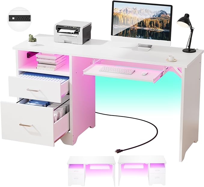 Reversible Computer Desk with File Drawers, 55 Inch Office Desk with RGB LED Light and Power Outlet, Sturdy Writing Desk with Keyboard Tray, Modern Study Table for Workstation Bedroom, White - LeafyLoom