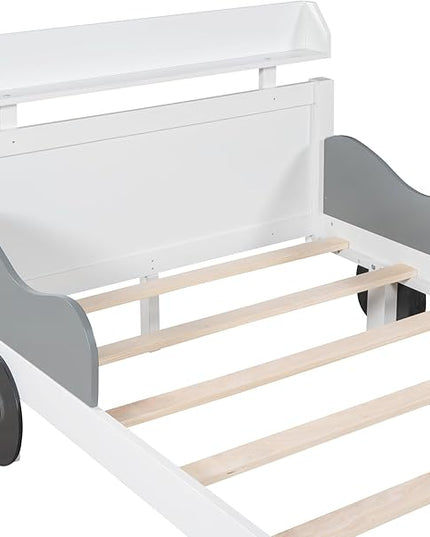 Twin Size Car-Shaped Platform Bed with 2 Storage Shelf,Kids Cars Beds W/Wheels,Slats Support,Saving Space,Easy Assembly,Wood Car Bedframe for Boys Toddlers Teens Bedroom,White - LeafyLoom
