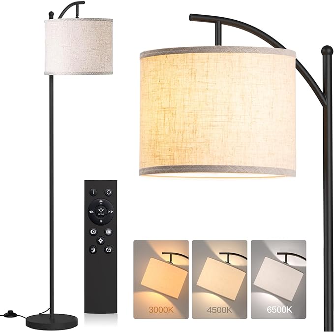 addlon Floor Lamp for Living Room with Remote, Dimmable Standing lamp with Linen lampshade for Bedroom, Office, Lamps with 9W LED Bulb Included - Black with Beige Lampshade - LeafyLoom