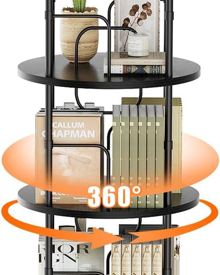 5 Tier Rotating Bookshelf, 360 ° Display Stackable Spinning Bookshelf Tower, Narrow Space Saving Tall Floor Standing Swivel Bookcase Corner Storage Organizer for Bedroom, Living Room, Black - LeafyLoom