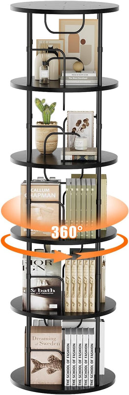 5 Tier Rotating Bookshelf, 360 ° Display Stackable Spinning Bookshelf Tower, Narrow Space Saving Tall Floor Standing Swivel Bookcase Corner Storage Organizer for Bedroom, Living Room, Black - LeafyLoom