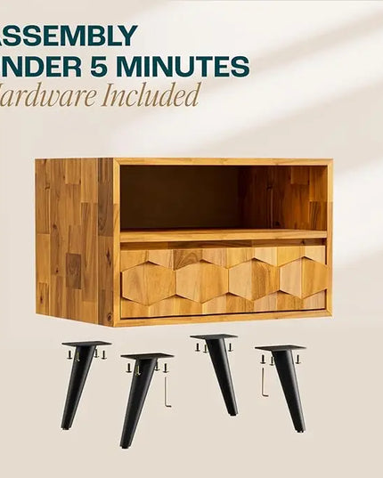 Bme Georgina Solid Wood Coffee Tables & Nightstands with Geometric Details, 2 Drawers - LeafyLoom