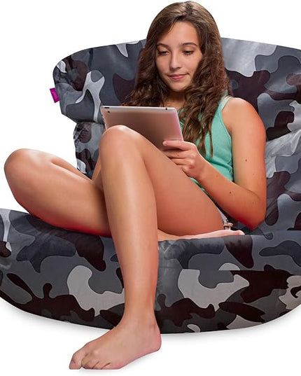Posh Creations Structured Comfy Bean Bag Chair for Gaming, Reading and Watching TV, Laguna Lounger, Nylon - Camo Dark and Black Gray - LeafyLoom
