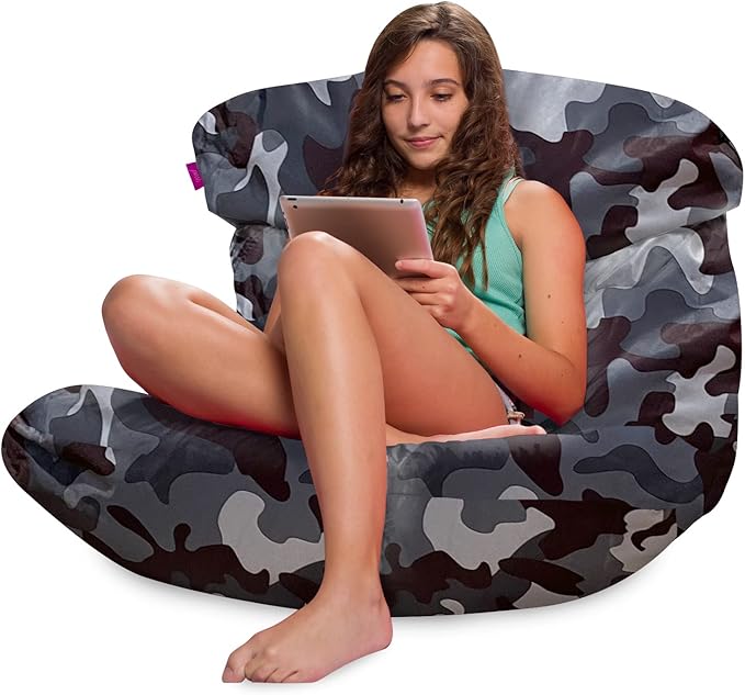 Posh Creations Structured Comfy Bean Bag Chair for Gaming, Reading and Watching TV, Laguna Lounger, Nylon - Camo Dark and Black Gray - LeafyLoom