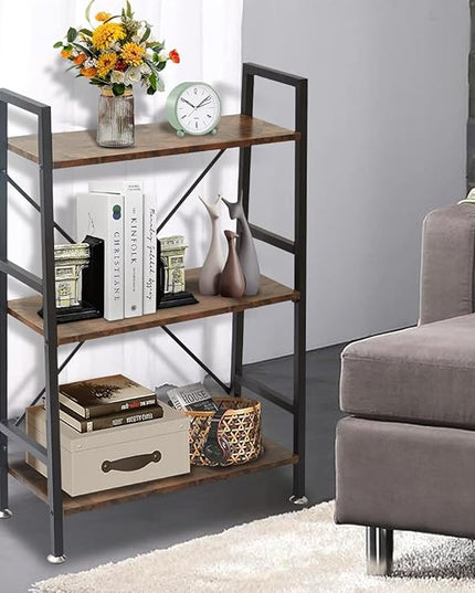 TooCust 3 Tier Open Book Shelf, 37" x 23" x 10.8" 3 Tier Wood Bookshelf, 3 Shelf Bookcase, Vintage Standing Metal Frame Book Shelves, Rustic Brown - LeafyLoom