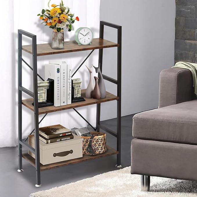 TooCust 3 Tier Open Book Shelf, 37" x 23" x 10.8" 3 Tier Wood Bookshelf, 3 Shelf Bookcase, Vintage Standing Metal Frame Book Shelves, Rustic Brown - LeafyLoom