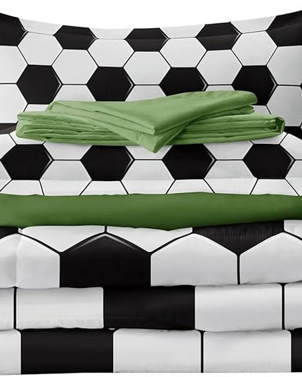 Soccer Comforter Set Twin for Boys Girls, 4 Pieces Soccer Bedding Twin Bed in a Bag Set with Sheets, Black and White Bed Sets for Teenage - LeafyLoom