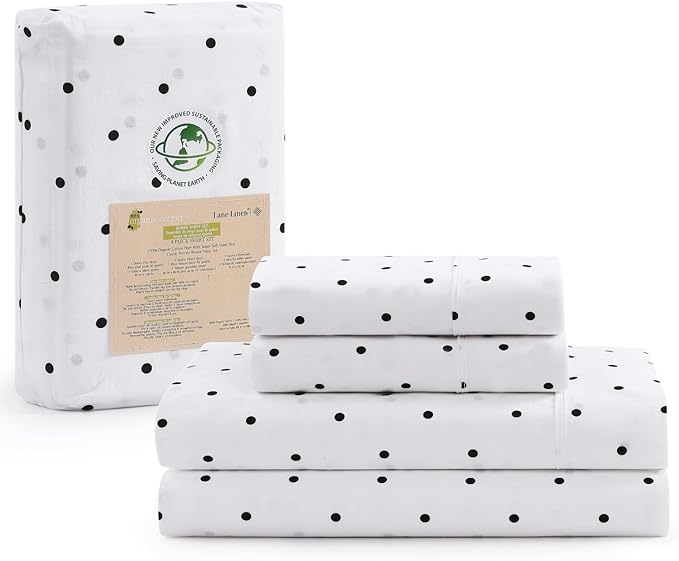 LANE LINEN 100% Organic Cotton Twin Sheets Set - 3 PC Bedding Sheets & Pillowcases - Breathable & Cooling Bed Sheets - Deep Pocket up to 15", Sheets for Twin Size Bed: Polka Dot (Black) - LeafyLoom