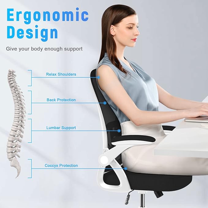 naspaluro Ergonomic Office Chair, Mid-Back Computer Chair with Adjustable Height, Flip-Up Arms and Lumbar Support, Breathable Bright White Mesh Desk Chair for Home Study Working - LeafyLoom