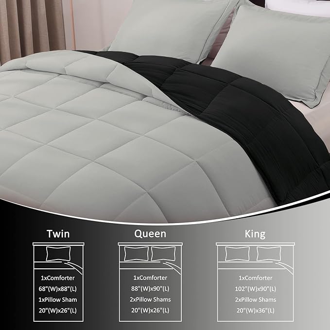 Basic Beyond Twin Comforter Set for Girls and Boys - Fluffy Twin Bed Comforter Set for All Seasons - Reversible Black and Grey Twin Comforter Set - 2 Pieces (1 Comforter + 1 Pillow Sham) - LeafyLoom