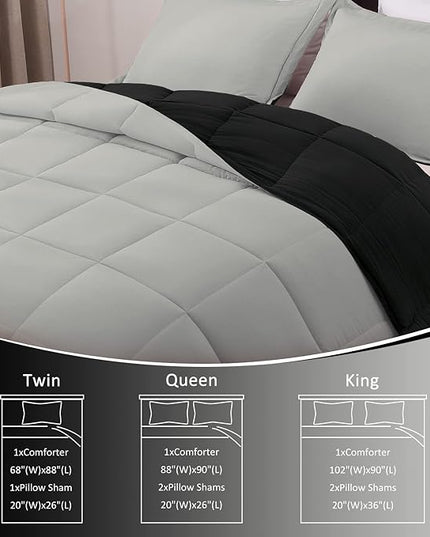 Basic Beyond Queen Comforter Set - Fluffy Comforter Queen Set for All Seasons - Reversible Black and Grey Queen Comforter Set for Mens - 3 Pieces (1 Comforter + 2 Pillow Shams) - LeafyLoom