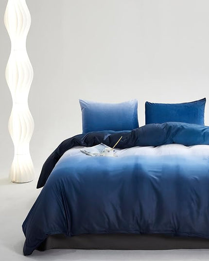 Blue White Gradient Comforter Set Queen Blue Velvet Bedding Comforter Modern Plain White and Royal Blue Gradient Soft Quilt Farmhouse Flannel Comforter Warm Queen Bed Comforter - LeafyLoom