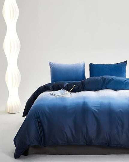 Blue White Gradient Comforter Set Full Blue Velvet Bedding Comforter Modern Plain White and Royal Blue Gradient Soft Quilt Farmhouse Flannel Comforter Warm Full Bed Comforter - LeafyLoom
