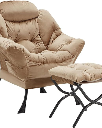 Lazy Chair with Folding Ottoman, Accent Chair Velvet Upholstered with Metal Structure and Non-Slip Pads, Sofa Armchair with Footrest and Side Storage Bag for Dorm, Room, Office, Khaki - LeafyLoom