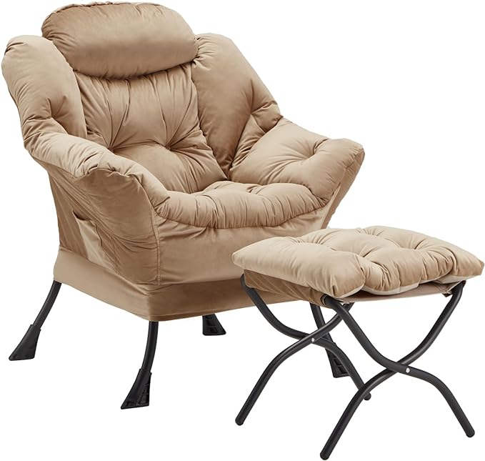 Lazy Chair with Folding Ottoman, Accent Chair Velvet Upholstered with Metal Structure and Non-Slip Pads, Sofa Armchair with Footrest and Side Storage Bag for Dorm, Room, Office, Khaki - LeafyLoom