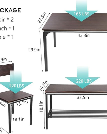 soges Dining Table Set for 4, 43.3 inch Kitchen Table set with Chairs and Bench, 4 Piece Dining Room Table Set for Small Space, Apartment, Restaurant, Rustic Oak - LeafyLoom