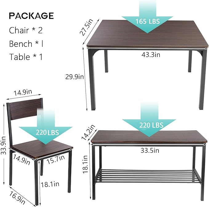 soges Dining Table Set for 4, 43.3 inch Kitchen Table set with Chairs and Bench, 4 Piece Dining Room Table Set for Small Space, Apartment, Restaurant, Rustic Oak - LeafyLoom