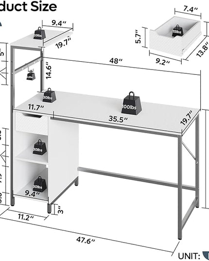 Bestier Gaming Desk with Drawer and LED Lights, 48 inch Computer Desk PC Table with Adjustable Storage Shelves & Hook for Home Office, Carbon Fiber White - LeafyLoom