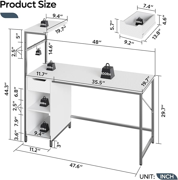 Bestier Gaming Desk with Drawer and LED Lights, 48 inch Computer Desk PC Table with Adjustable Storage Shelves & Hook for Home Office, Carbon Fiber White - LeafyLoom