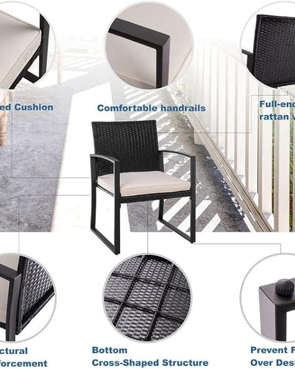 Shintenchi 3 Pieces Outdoor Patio Furniture Set Modern Black Wicker Bistro Set Rattan Chair Conversation with Coffee Table for Yard Porch Poolside Lawn(Beige) - LeafyLoom