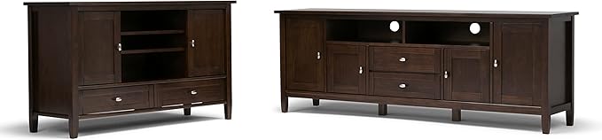 SIMPLIHOME Warm Shaker SOLID WOOD Universal TV Media Stand, 72 Inch Wide, Farmhouse Rustic, Living Room Entertainment Center, for Flat Screen TVs up to 80 Inch in Tobacco Brown - LeafyLoom