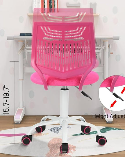 FurnitureR Desk Chair Armless Cute Home Office Desk Chair for Kids, Swivel Computer Task Chair Study Chair with Mesh Padded Cushion and Rolling Wheels for Child, Pink - LeafyLoom