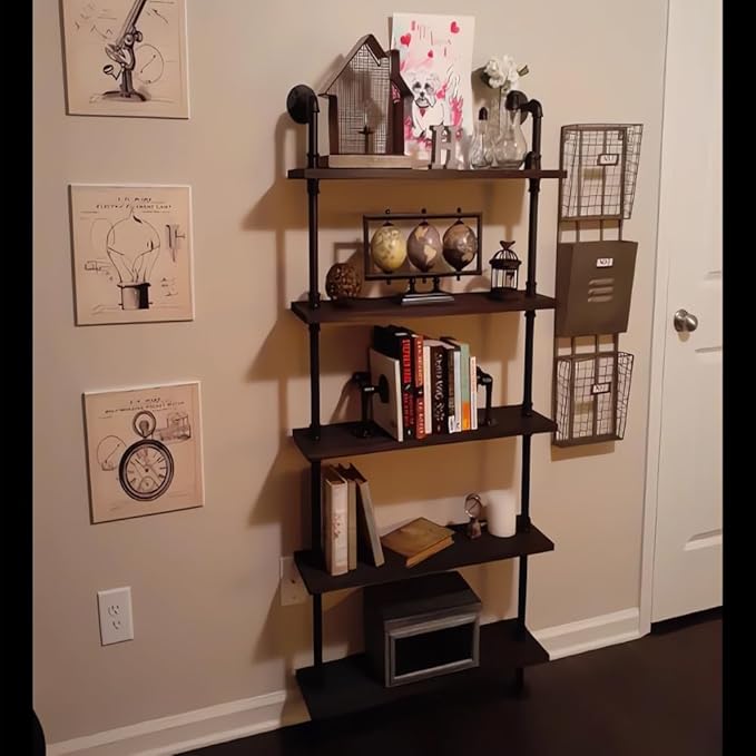 5 Tier 67inch Industrial Pipe Shelving, Shelves Shelf Rustic Tier Black in - LeafyLoom