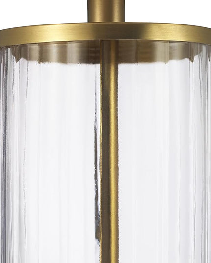 Globe Electric 61000063 20" Fillable Ribbed Glass Table Lamp, Matte Brass Accents, Beige Linen Shade, On/Off Rotary Switch on Socket, for Living Room, Bedroom, Office, Home Décor - LeafyLoom
