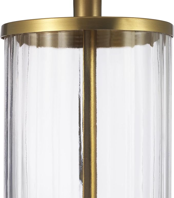 Globe Electric 61000063 20" Fillable Ribbed Glass Table Lamp, Matte Brass Accents, Beige Linen Shade, On/Off Rotary Switch on Socket, for Living Room, Bedroom, Office, Home Décor - LeafyLoom