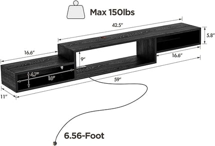 Floating TV Stand Wall Mounted with Power Outlet 59", Floating Entertainment Center, Wood Media Console Shelf for Under TV Storage for Living Room Bedroom Office, Black - LeafyLoom