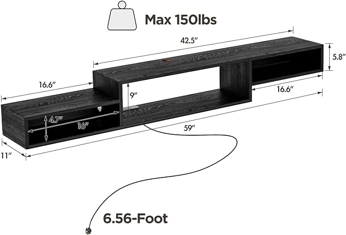 Floating TV Stand Wall Mounted with Power Outlet 59", Floating Entertainment Center, Wood Media Console Shelf for Under TV Storage for Living Room Bedroom Office, Black - LeafyLoom