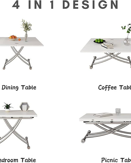 Multifunctional Folding Dining Table, Versatile Lift Top Coffee Table Convertible to Dining Table Height Adjustable Wooden Dinner Table with Metal legs Space Saving White - LeafyLoom