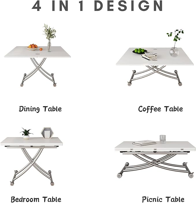 Multifunctional Folding Dining Table, Versatile Lift Top Coffee Table Convertible to Dining Table Height Adjustable Wooden Dinner Table with Metal legs Space Saving White - LeafyLoom